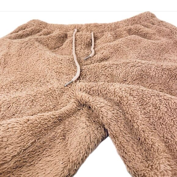 NWT Gorgeous L Cozy Fluffy Sherpa lk Tan Wide Leg Elastic Drawstring Teddy Pants - Picture 11 of 12
